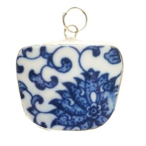 Blue & White Chinoiserie Porcelain Pottery Shard Pendant Floral Focal Silvertone
